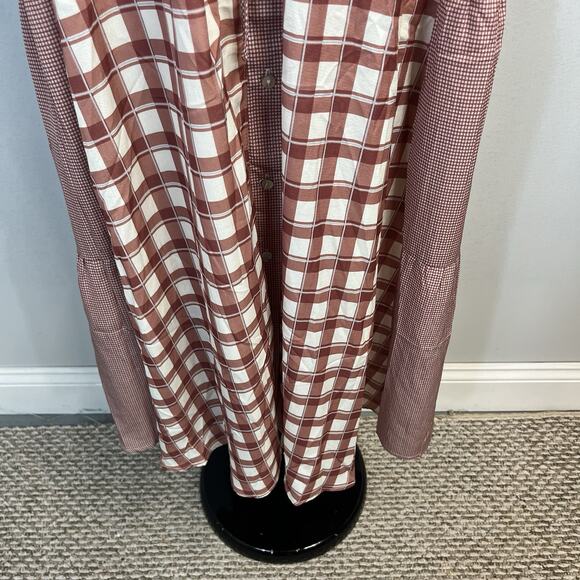 Polagram Dress size Medium Brown Ivory Plaid Midi Prairie Peasant Modest Church - Picture 6 of 9